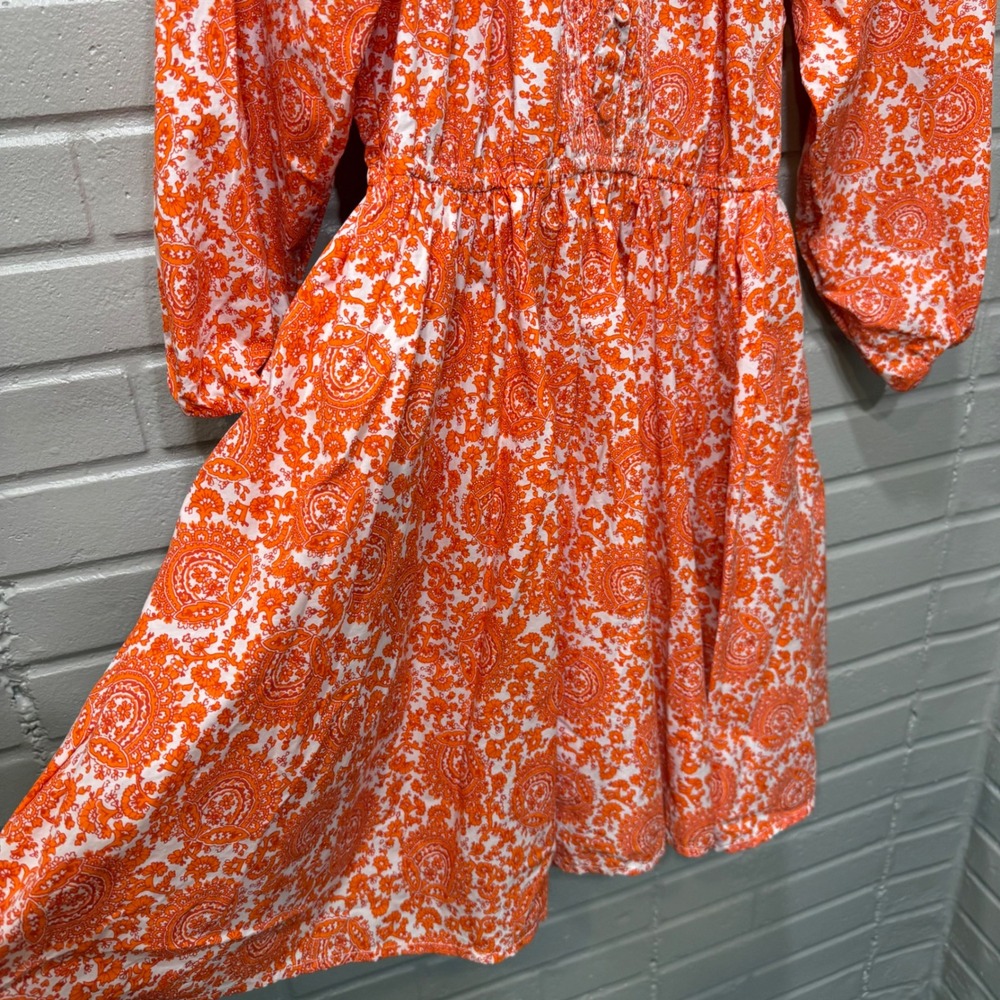 J Crew Ruffle Collar Mini Dress Cotton Poplin‎ Floral Bouquet Orange Paisley Med - Picture 7 of 16